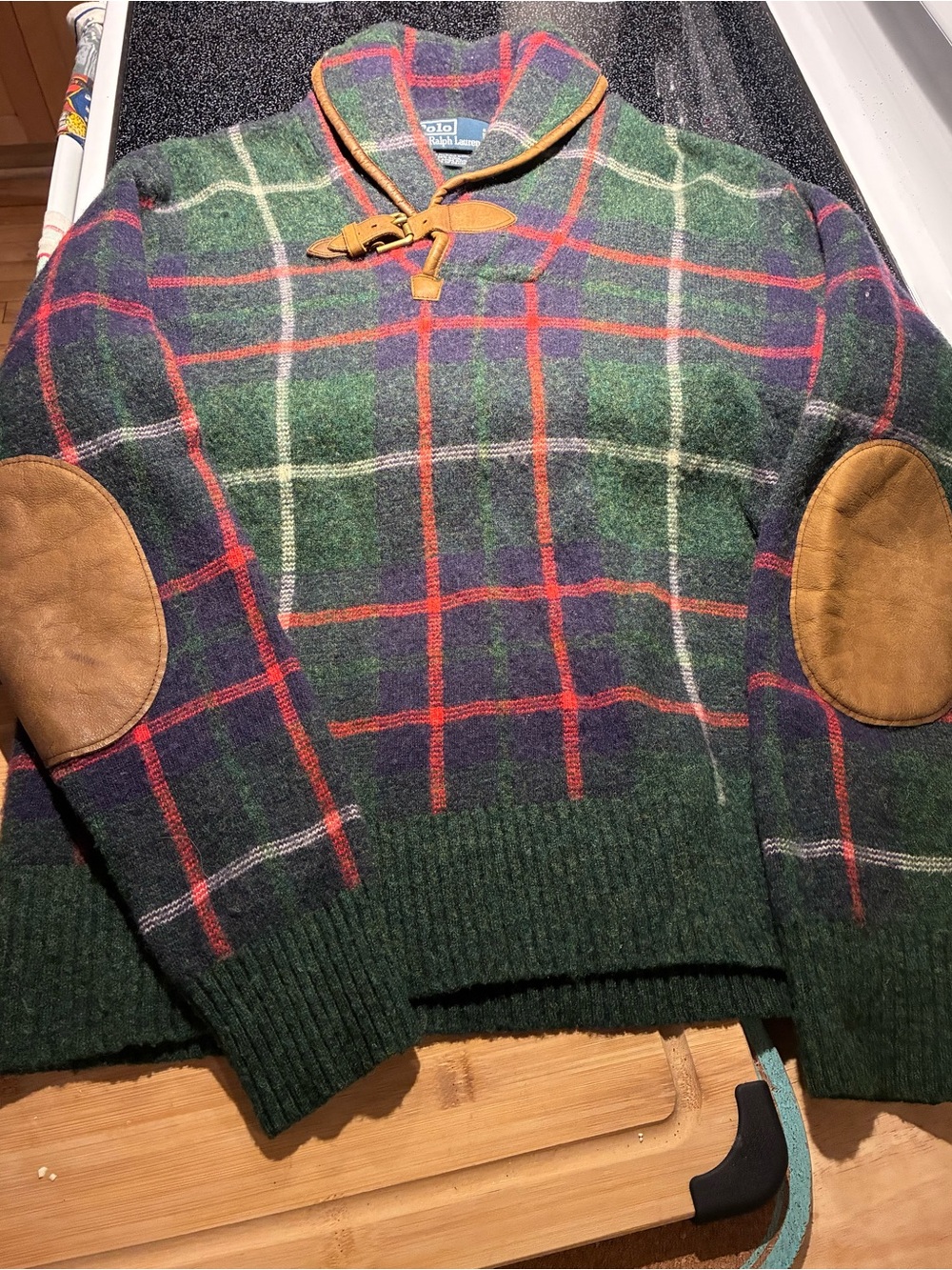 Polo by Ralph Lauren Green Plaid Wool Zip-Front Sweater with Tan Elbow Patches